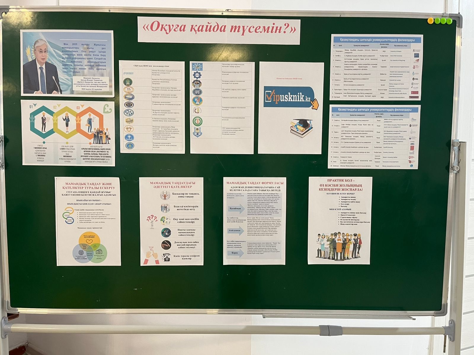 Кәсіптік бағдар беру жұмысының жоспары бойынша мектептің бірінші қабатының  дәлізінде «Оқуға қайда түсемін?» стенді орнатылды